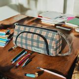 Babun Ilgaz Ekose Büyük Geniş Organik Kanvas Pamuk Bez Kumaş Kalem Kutusu Pötikare Kalemlik Makyaj Çanta Lüks Son Moda Trend Premium Iki Bölmeli Yeni Sezon Hediye El Yapımı Çok Fonksiyonlu - EKOSE KREM KIRMIZI