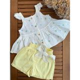 Baby Babyaden Çiçek Desenli Kalın Fırfır Askılı Pamuklu Fiyonklu Şort Kız Bebek Çocuk Takım - 01S-Sarı - 4 Yaş