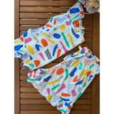 Baby Babyaden Geometrik Şekilli Beli Lastikli Crop Tişört Şort Pamuklu Kız Çocuk Takım - Çok Renkli - 5 - 6 Yaş