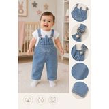 Baby Buu Bulut Anne- Tavşan Kulaklı Detaylı Ön Cepli Kot Salopet Takım 6-9/9-12/12-18/18-24 Ay Kız Erkek Unisex Model - Denim - 6 - 9 Ay