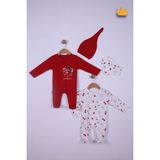 Baby Hola %100 Pamuk Kirazlı 2'Li Patikli Tulum Önlük Bere 4'Lü Set 23608 - 3 - 6 Ay - Kırmızı