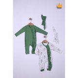 Baby Hola %100 Pamuk Yeşil Çiçekli 2'Li Tulum Saç Bandı 4'Lü Set 458 - 6 - 9 Ay