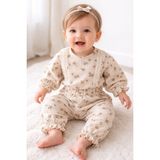 Baby Hola Dantel Detaylı Çiçek Desenli Müslin Kız Bebek Üst ve Pantolon Ikili Set Takım Babyhola 2009 - 9 - 12 Ay - Bej