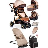 Baby Home 7 In 1 Yeni Doğan Full Set - 945 Travel Sistem Bebek Arabası -370 Sallanır Ana Kucağı - Kahverengi - Gold