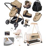 Baby Home 8 In 1 Ekonomi Paket 1010 Travel Sistem Bebek Arabası Bebek Sepeti Anne Yanı Beşik Mama Sandalyesi - Gold - Kahve