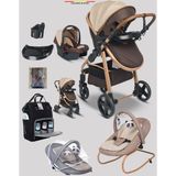 Baby Home 9 In 1 Yeni Doğan Full Set 950 Travel Sistem Bebek Arabası 330 Sallanır Ana Kucağı - Gold Kahve