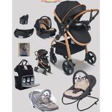Baby Home 9 In 1 Yeni Doğan Full Set 950 Travel Sistem Bebek Arabası 330 Sallanır Ana Kucağı - Gold Siyah