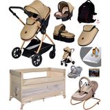 Baby Home Yeni Full Takım 10 In 1 1010 Travel Sistem Bebek Arabası Lorelli Anne Yanı Oyun Parkı Park Yatak Beşik ve Sallanır Ana Kucağı - Kahverengi - Gold
