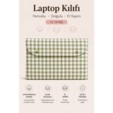 Baby Kangaroo Kareli Laptop Kılıfı 13-14 Inç Dolgulu Çıtçıtlı Pamuklu Bilgisayar Çantası, Kadın Notebook Çantası, Evrak Çantası, Kitap Çantası - Adaçayı Yeşili