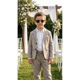 Baby Kids Colors Erkek Çocuk Flamlı Keten Salaş Ceketli Takım Elbise / Gömlek Pantolon Ceket Papyon Keten Takım - Taş Rengi
