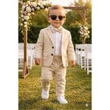 Baby Kids Colors Erkek Çocuk Flamlı Keten Salaş Ceketli Takım Elbise / Gömlek Pantolon Ceket Papyon Keten Takım(Ay Grubu Zıbınlı) - Bej - 6 Yaş