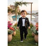 Baby Kids Colors Erkek Çocuk Flamlı Keten Salaş Ceketli Takım Elbise / Gömlek Pantolon Ceket Papyon Keten Takım(Ay Grubu Zıbınlı) - Siyah - 6 Ay