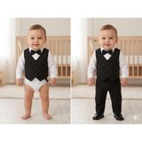 Baby Kids Colors Erkek Çocuk Smokin Takım Elbise Düğmeli Yelekli Papyonlu Zincirli - Siyah - 6 Ay