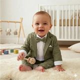 Baby Kids Colors Flamlı Keten Salaş Ceketli Takım Elbise/gömlek Pantolon Ceket Papyon (Ay Grubu Zıbınlı) - Haki - 1 Yaş