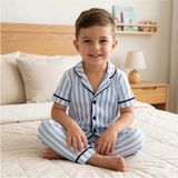 Baby Kids Colors Kısa Kol Erkek Bebek ve Çocuk Mavi Beyaz Çizgili Düğmeli 2'li Pijama Takımı - Pamuklu Uyku ve Ev Seti - 6 Yaş