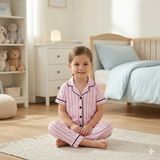 Baby Kids Colors Kısa Kol Kız Bebek ve Çocuk Pembe Beyaz Çizgili Düğmeli 2'li Pijama Takımı - Pamuklu Uyku ve Ev Seti - 3 Yaş