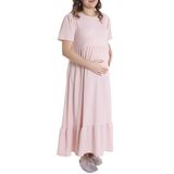 baby mom Anne Hamile Elbise Bisiklet Yaka Short Sleeve Patiksiz - Pudra