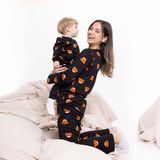baby mom Anne Hamile Pijama Takımı Ayı Baskılı Bisiklet Yaka Uzun Kol Reçme - Siyah
