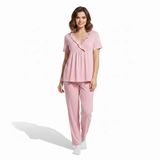 baby mom Anne Pijama Takımı Modelli Yaka Short Sleeve Patiksiz - Açık Pembe
