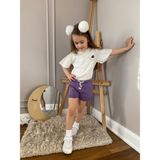 Baby Mor Üzüm Nakışlı Pamuklu T-Shirt Çiçek Nakışlı Şortlu Kız Çocuk Takım - 18-Mor - 4 Yaş