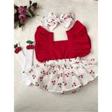 Baby Puff Kız Çocuk Kırmızı Kiraz Desen Slopet Bandana Kiraz Çorap Set - 0 - 9 Ay