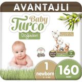 Baby Turco Bantlı Bebek Bezi 1 Numara 2-5 Kg Yenidoğan 160 Adet – Hızlı Emici, Sızdırmaz Ve Hassas Cilt Dostu