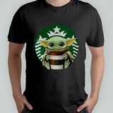 Baby Yoda Grogu Starbucks - Mandalorian %100 Pamuklu Bisiklet Yaka T-Shirt - Siyah