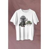 Baby Yoda Mando Figür The Mandalorian Bebek Yoda Star Wars Baskılı Tişört Unisex T-Shirt - Beyaz - XL