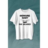 Baby Yoda Star Wars Mandalorian Beware Baby On Board Baskılı Tişört Unisex T-Shirt - Beyaz