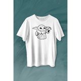Baby Yoda Star Wars Mandalorian Silüeti Baskılı Tişört Unisex T-Shirt - Beyaz - XL