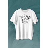 Baby Yoda Star Wars Mandalorian Silüeti Baskılı Tişört Unisex T-Shirt - Beyaz