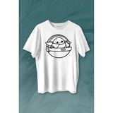 Baby Yoda Star Wars Mandalorian Uzay Mekiği Baskılı Tişört Unisex T-Shirt - Beyaz