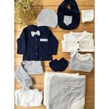 Baby Zuhu %100 Pamuk Yenidoğan Erkek Bebek Hastane Çıkış Seti 10 Parça – Çizgili Desenli Indigo - 0 - 1 Ay