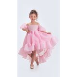 Babyaden Kuyruklu Karolin Kumaş Düşük Balon Kollu Doğum Günü Abiye Kostüm Kız Çocuk Elbise - 3 - 4 Yaş - Pembe