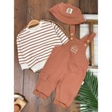 Babybiscoi Çizgili Uzun Kollu Sweatshirt Salopetli Safari Şapkalı 3'lü Erkek Bebek Takım - 18 - 24 Ay - 0-Kahverengi