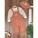 Babybiscoi Çizgili Uzun Kollu Sweatshirt Salopetli Safari Şapkalı 3'lü Erkek Bebek Takım - 9 - 12 Ay - 0-Kahverengi