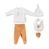 BabyCosy Organic Wear %100 Organik Pamuk 5’li Hastane Çıkış Seti Yenidoğan Bebek Seti – Zıbın, Pantolon, Şapka, Önlük, Eldiven - 0 - 3 Ay - Ekru