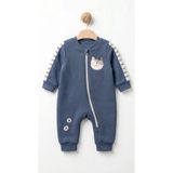 BabyCosy Organic Wear %100 Organik Pamuk Unisex Çizgili Fermuarlı Bebek Tulum Kedi Detaylı Uzun Kollu Tulum