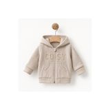 BabyCosy Organic Wear Unisex Kapüşonlu Hırka %47 Pamuk Modal Karışımlı Fermuarlı COSY Nakış Detaylı Bebek Ceket Taş Rengi