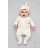Babyden's %100 Organik Pamuk Bebek Tulumu Şapkalı Yenidoğan Hastane Çıkışı Çıtçıtlı Patikli Uzun Kollu Unisex Bebek Tulum Ekru - 0 - 3 Ay