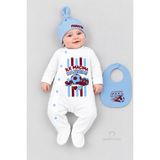 Babyden's 3'lü Bebek Tulum Seti %100 Pamuk Taraftar Temalı Bordo Mavi “ilk Maçıma Hazırım” Baskılı Şapka Önlük Seti - Açık Mavi - Beyaz - 0 - 3 Ay