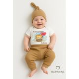 Babyden's Amcasının Aslanı Yazılı 3’lü Bebek Takımı Çıtçıtlı Zıbın, Şapka ve Fitilli Alt %100 Pamuk Zıbın Seti - 0 - 3 Ay - Kahverengi