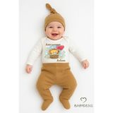 Babyden's Amcasının Aslanı Yazılı 3’lü Bebek Takımı Uzun Kollu Çıtçıtlı Body,fitilli Patikli Pantolon Şapka Set - 6 - 9 Ay - Kahverengi