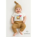 Babyden's Anneannesinin Aslanı Yazılı 3’lü Bebek Takımı – %100 Pamuk Kısa Kol Çıtçıtlı Zıbın, Fitilli Pantolon ve Şapka - 3 - 6 Ay - Kahverengi