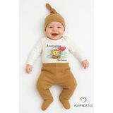 Babyden's Annesinin Aslanı Baskılı 3’lü Bebek Takımı Uzun Kol Çıtçıtlı Zıbın, Ribana Pantolon,bere %100 Pamuk - 6 - 9 Ay - Kahverengi
