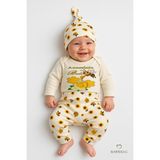 Babyden's Annesinin Balı 3’lü Yenidoğan Takım %100 Pamuk Uzun Kol Body,çiçek Arı Desenli Ribana Pantolon,bere - Ekru - Sarı - 3 - 6 Ay