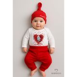 BABYDEN'S Atatürk Temalı Uzun Kollu 3’lü Yenidoğan Bebek Takımı (Body + Pantolon + Bere) Kırmızı-Beyaz Pamuklu