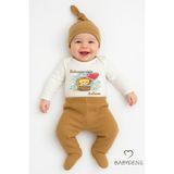 Babyden's Babaannesinin Aslanı Yazılı 3’lü Bebek Takımı Uzun Kol Çıtçıtlı Zıbın, Ribana Pantolon ve Bere Seti - 6 - 9 Ay - Kahverengi