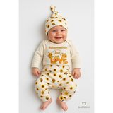 Babyden's Babaannesinin Balı 3’lü Yenidoğan Takım Pamuklu Uzunkol Body,çiçek Arı Desenli Ribana Pantolon,bere - Ekru - Sarı - 0 - 3 Ay