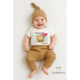 Babyden's Babasının Aslanı Baskılı 3’lü Bebek Takımı Kısa Kol Çıtçıtlı Zıbın, Ribana Pantolon, Bere %100 Pamuk - 3 - 6 Ay - Kahverengi